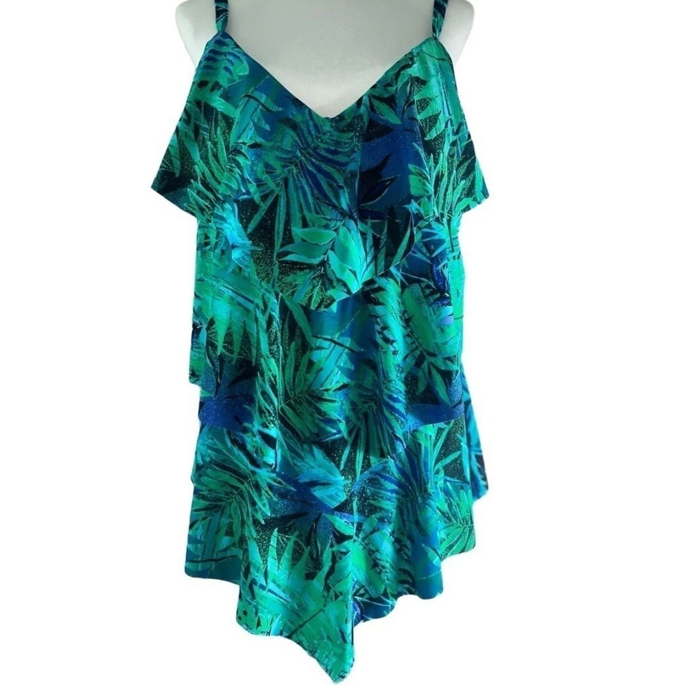 Island Pearl Ruffled Tankini size 24W Green/Blue w/black bottoms